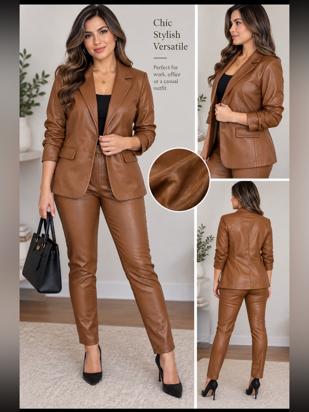 Women's Brown Faux Leather Blazer Jacket - Sleek Tan-Brown Finish